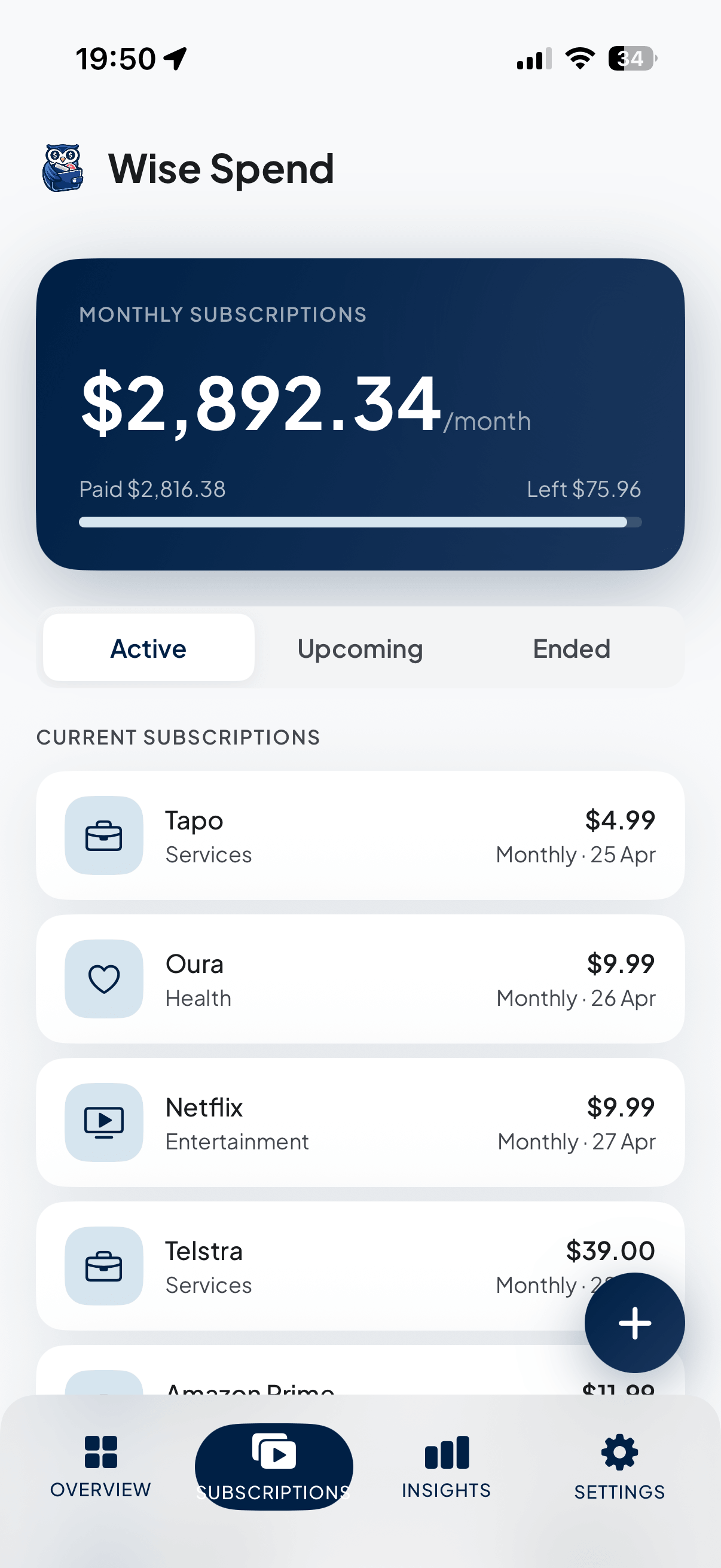 Subscriptions screen